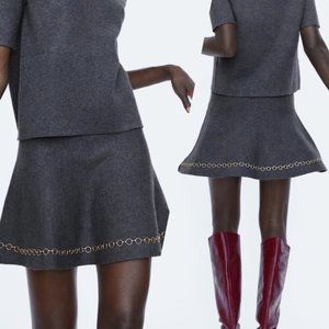 Zara Knit Gray Circle Skirt with Chain Trim